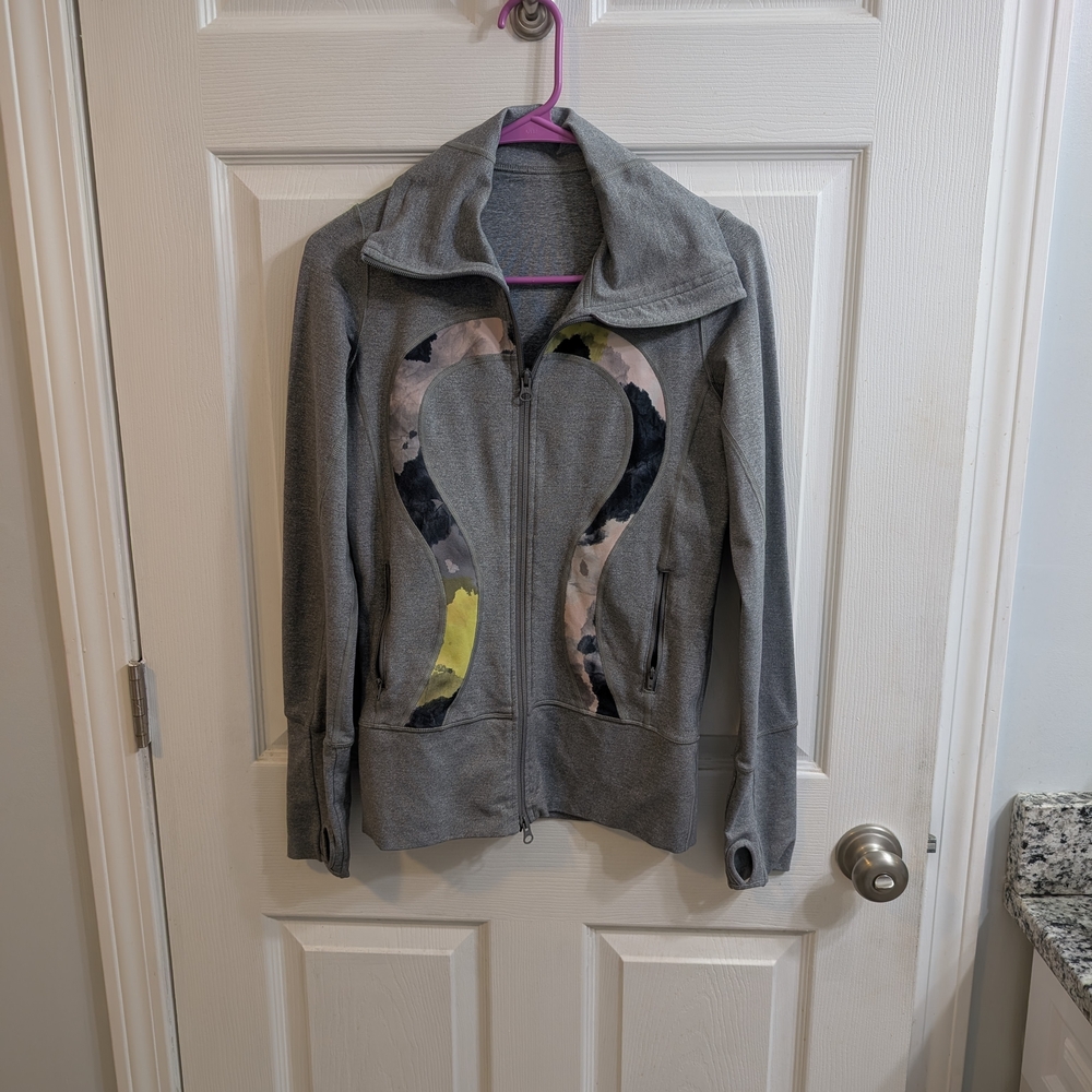Lululemon In Stride Heathered Gray Citron Watercolor Full Zip Jacket - Size 4